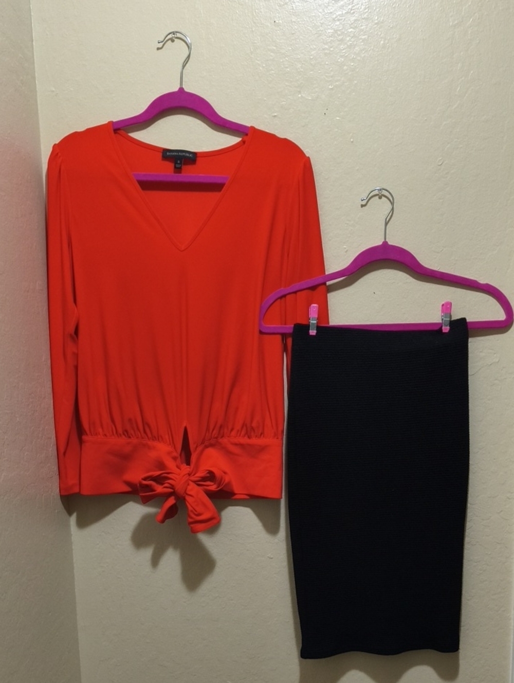 Banana Republic Bright Red V-Neck Tie-Front Top with Black Pencil Skirt